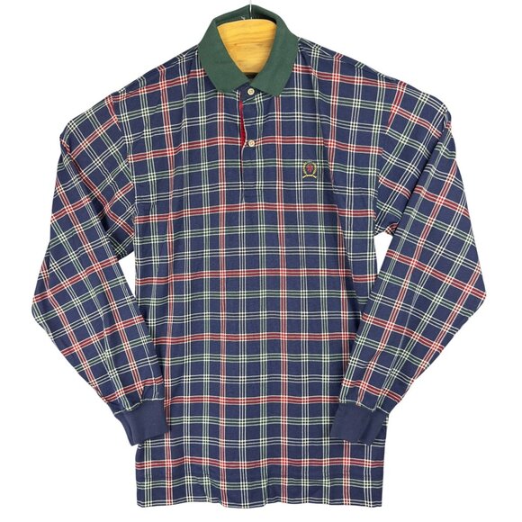 Vintage Tommy Hilfiger Polo Shirt Men XL Plaid Green Collar XL Navy Red Green - Picture 1 of 10